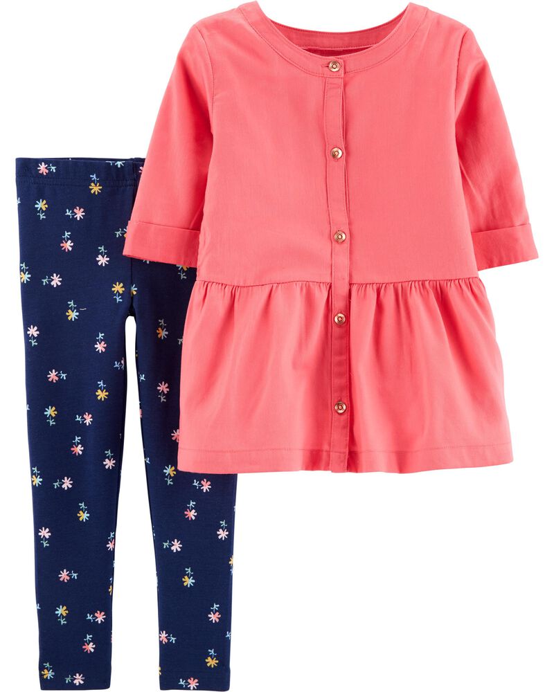 Carter/'s Girls/' 2-Piece Button-Front Olive Top /& Print Legging Set NWT outfit